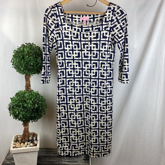 Lilly Pulitzer 100% Silk 3/4 Length Sleeve Geometric Print Dress 4 - Picture 4 of 7